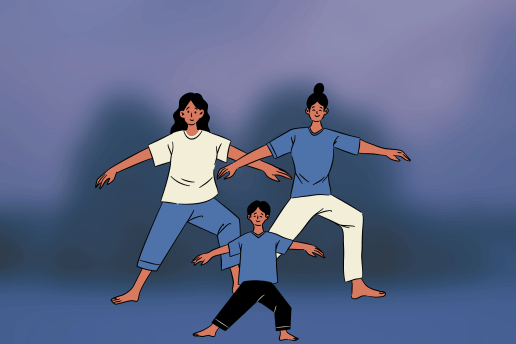 Cartoon image of parents and child exercising